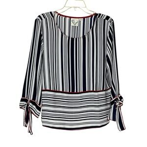 Janet Chung Patriotic Red‎ White Blue Striped 3/4 Sleeve Blouse Womens Large